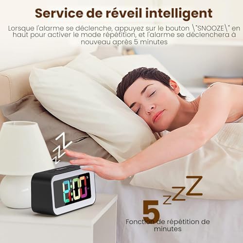 RGB dual alarm clock on a bedside table with smart snooze function and 5-minute repeat alarm