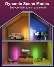 RGB LED corner lamp in various room setups with colorful dynamic lighting scenes