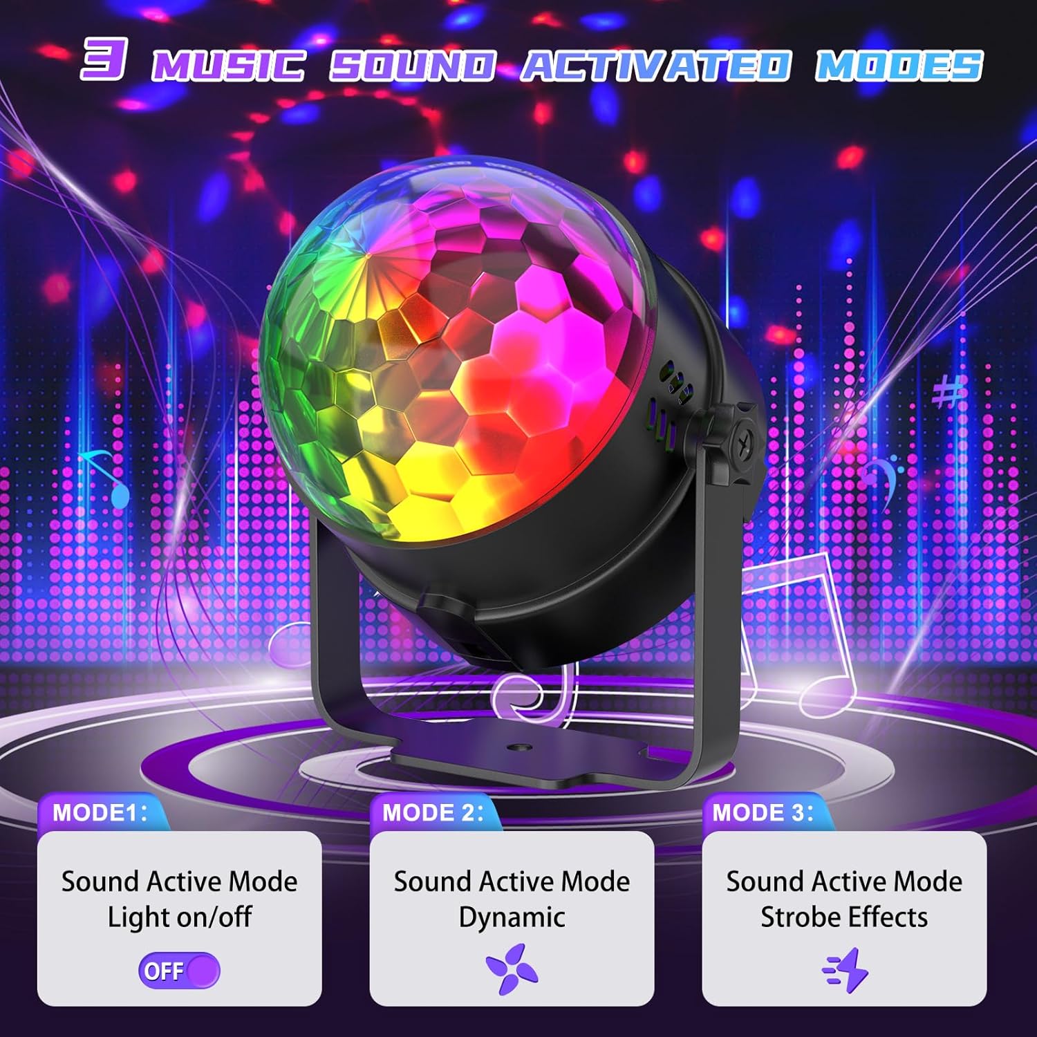 RGB LED disco light showing multiple sound activated lighting modes and effects
