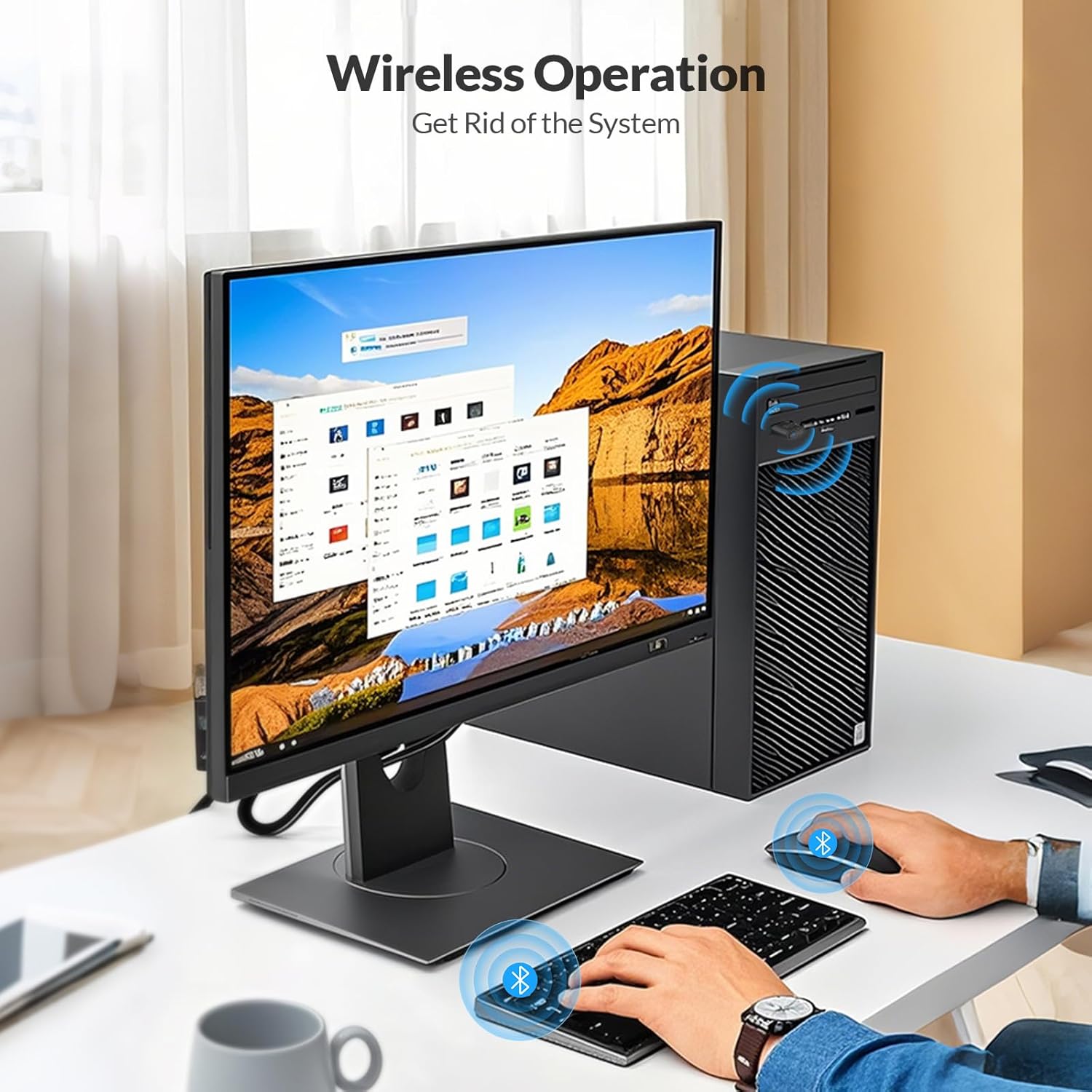 Wireless keyboard and mouse connected to desktop via Rii Bluetooth Adapter.