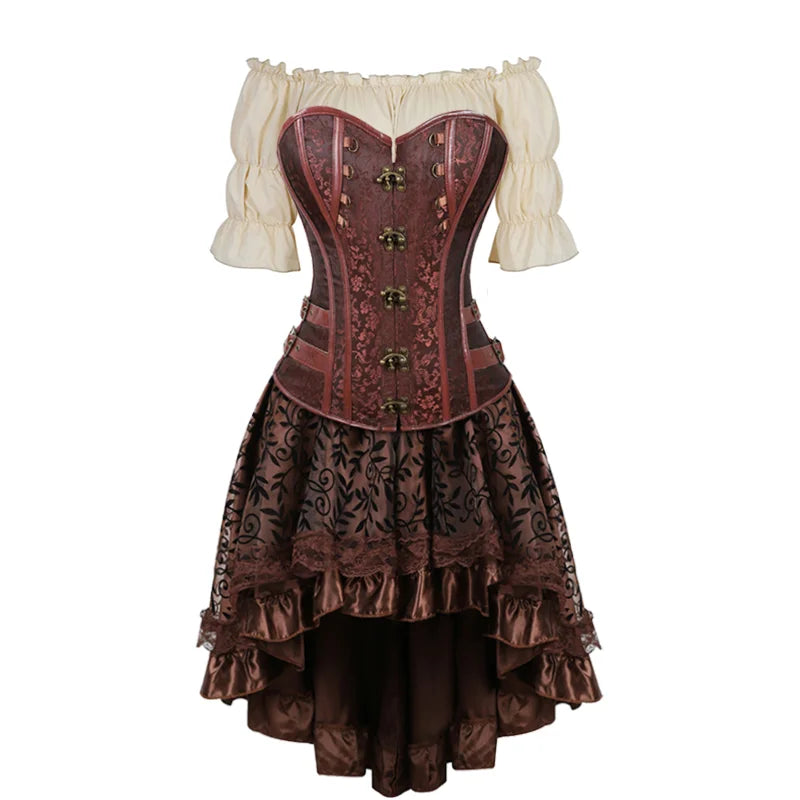 Rose gold hook-front piratecore corset outfit with cream blouse and lace skirt