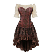 Rose gold hook-front piratecore corset outfit with cream blouse and lace skirt