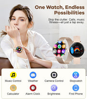 Woman wearing smartwatch with app icons on screen
