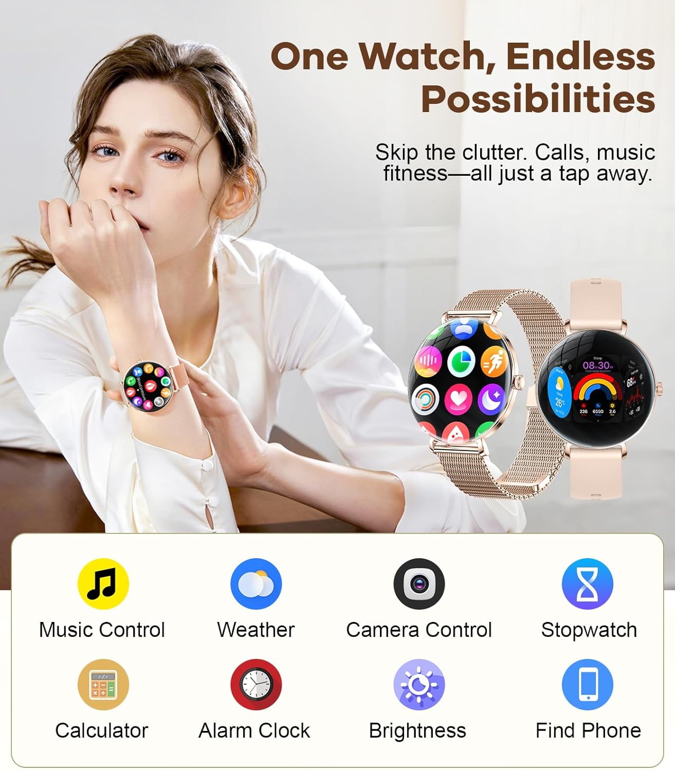 Woman wearing smartwatch with app icons on screen