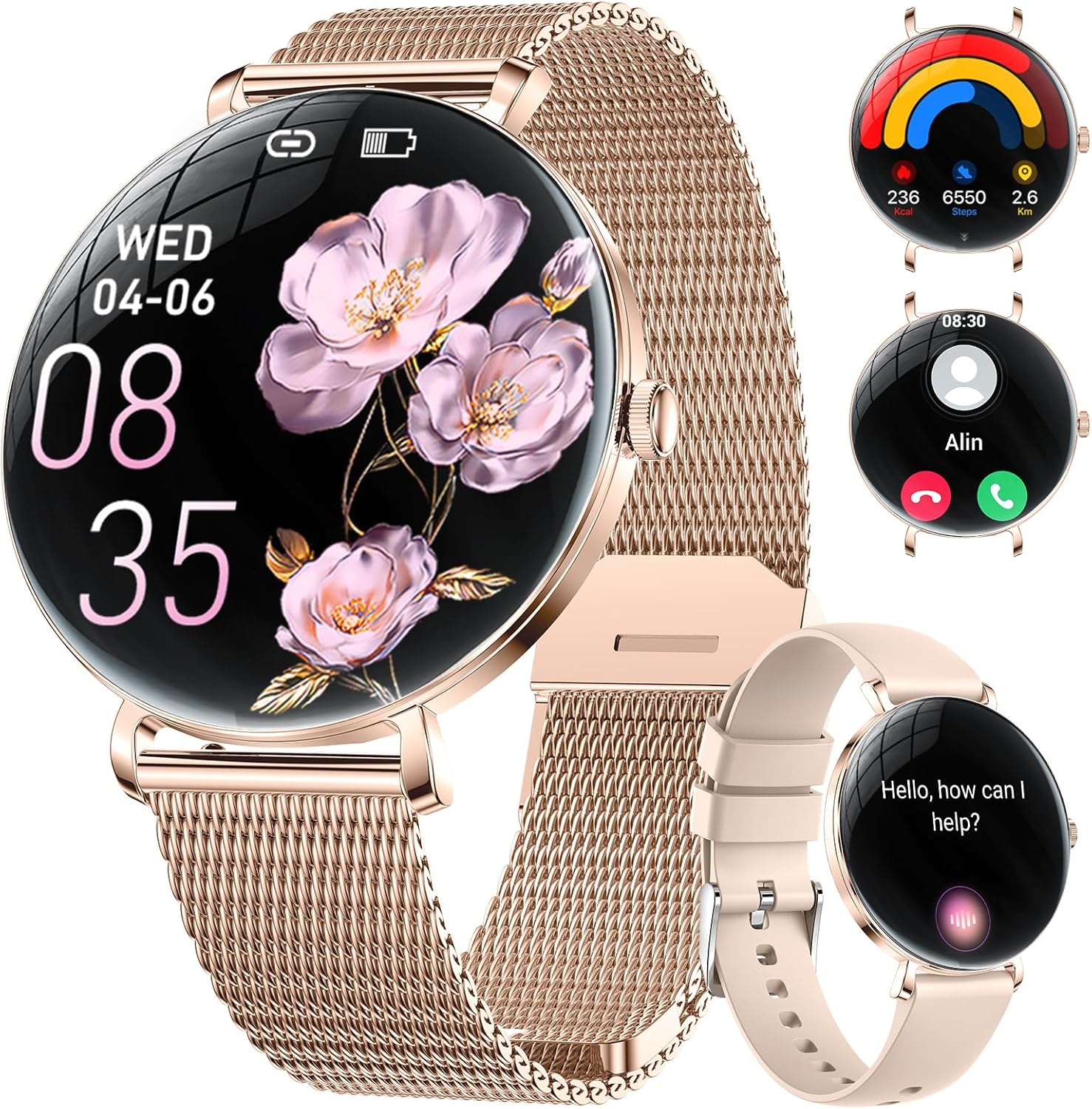 Rose gold smartwatch with floral watch face