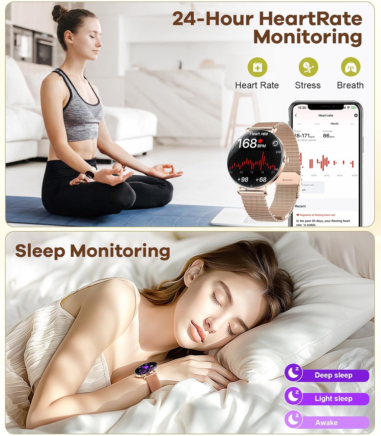 Woman sleeping with smartwatch tracking sleep stages