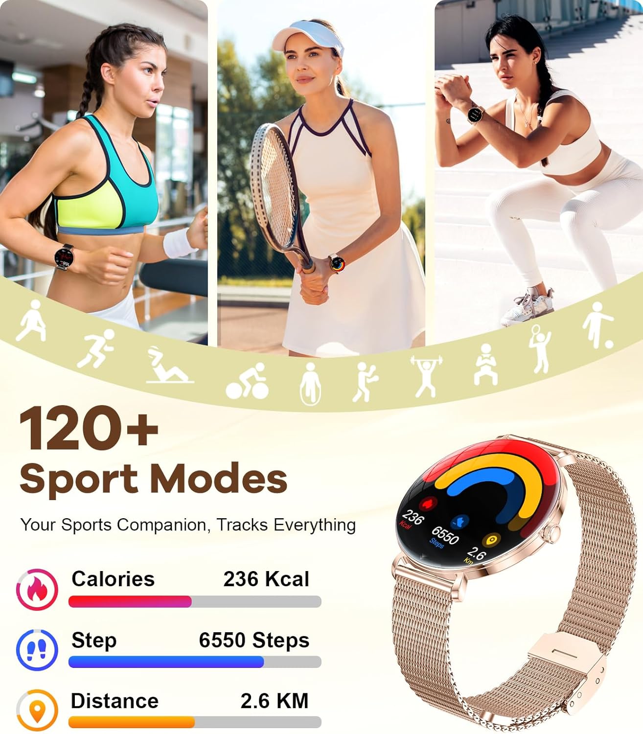 Smartwatch showing fitness tracking stats and sport icons