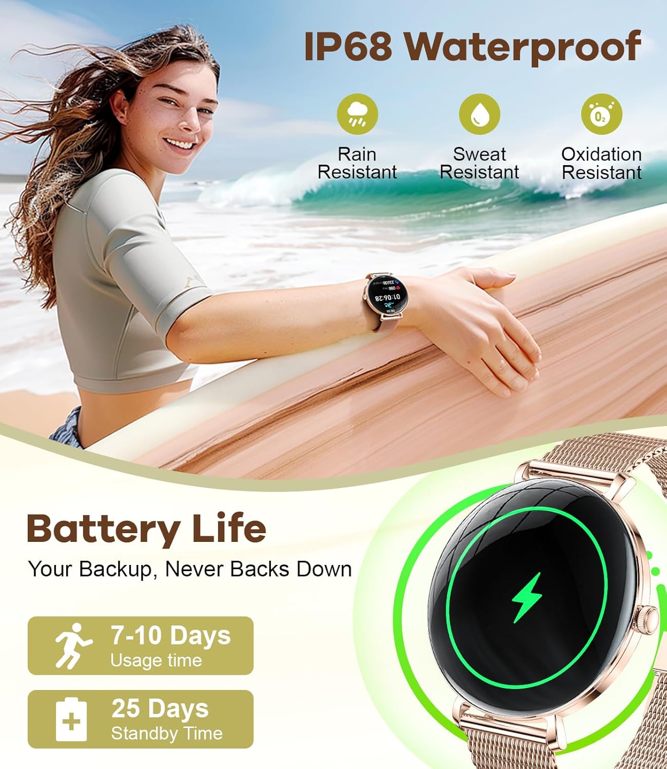 Smartwatch worn at the beach showing IP68 waterproof rating
