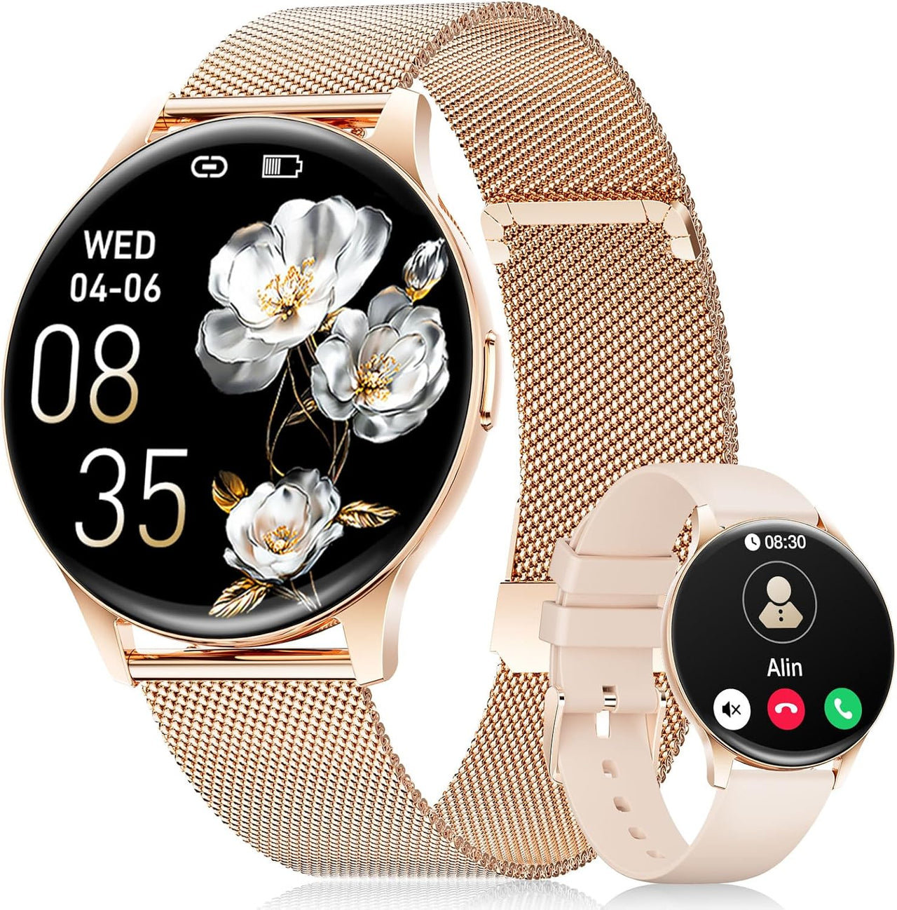 LIGE rose gold smartwatch with AMOLED display and floral dial on mesh strap