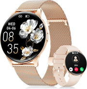 LIGE rose gold smartwatch with AMOLED display and floral dial on mesh strap