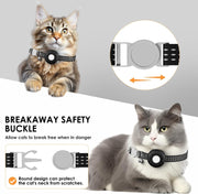 Cat wearing a breakaway safety collar with close-up details on a gray background