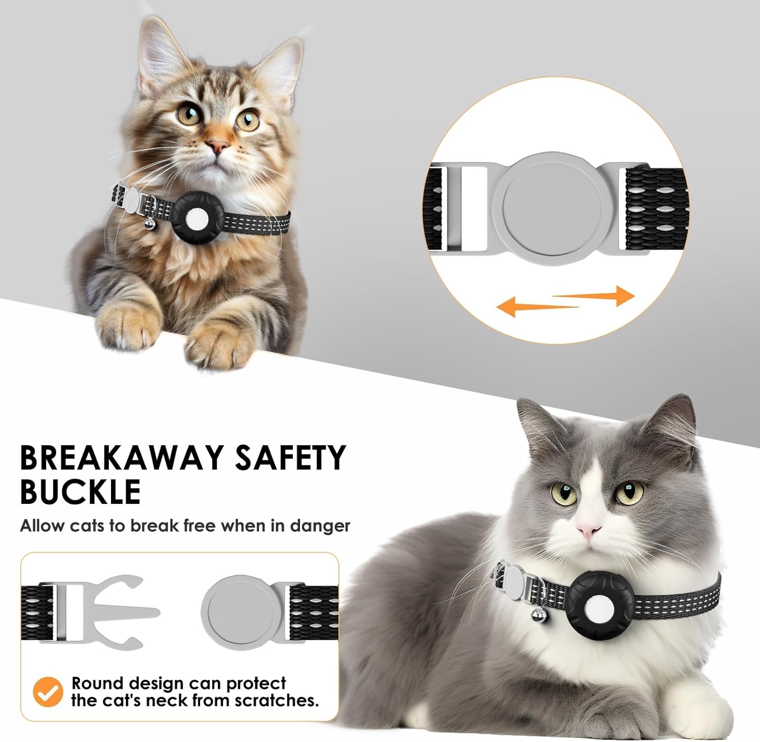 Cat wearing a breakaway safety collar with close-up details on a gray background