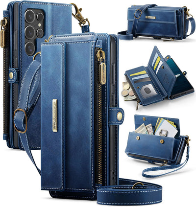 Samsung Galaxy S25 Ultra Wallet Case with RFID Blocking, Zipper Pocket, Card Slots & Shoulder Strap