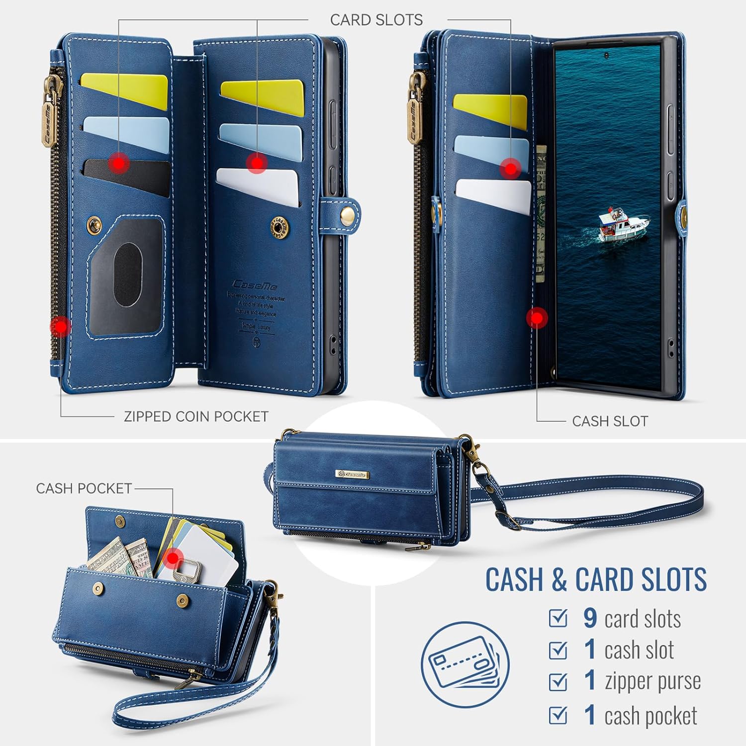 Wallet case opened to show 9 card slots, coin pocket, and bill slot for S25 Ultra