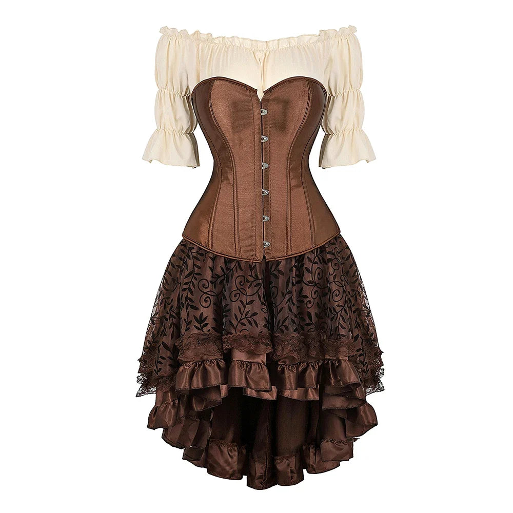 Classic satin brown corset outfit with cream blouse and ruffled skirt