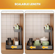 Expandable length design for adaptable under sink kitchen organizer