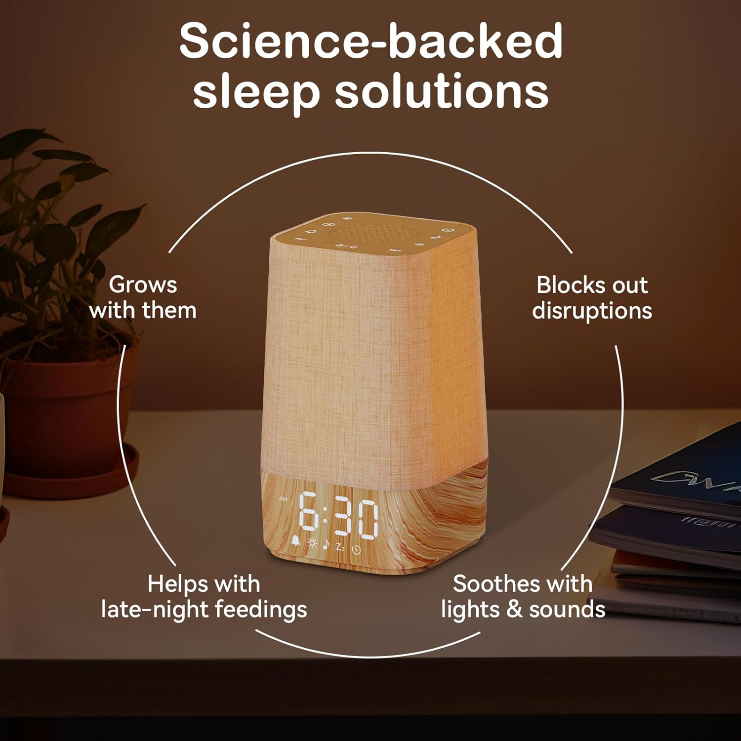 Alarm clock as sleep aid for late-night routines and feeding.