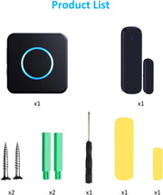 Full SECRUI kit including receiver, sensor, adhesive pads, screws, and screwdriver.