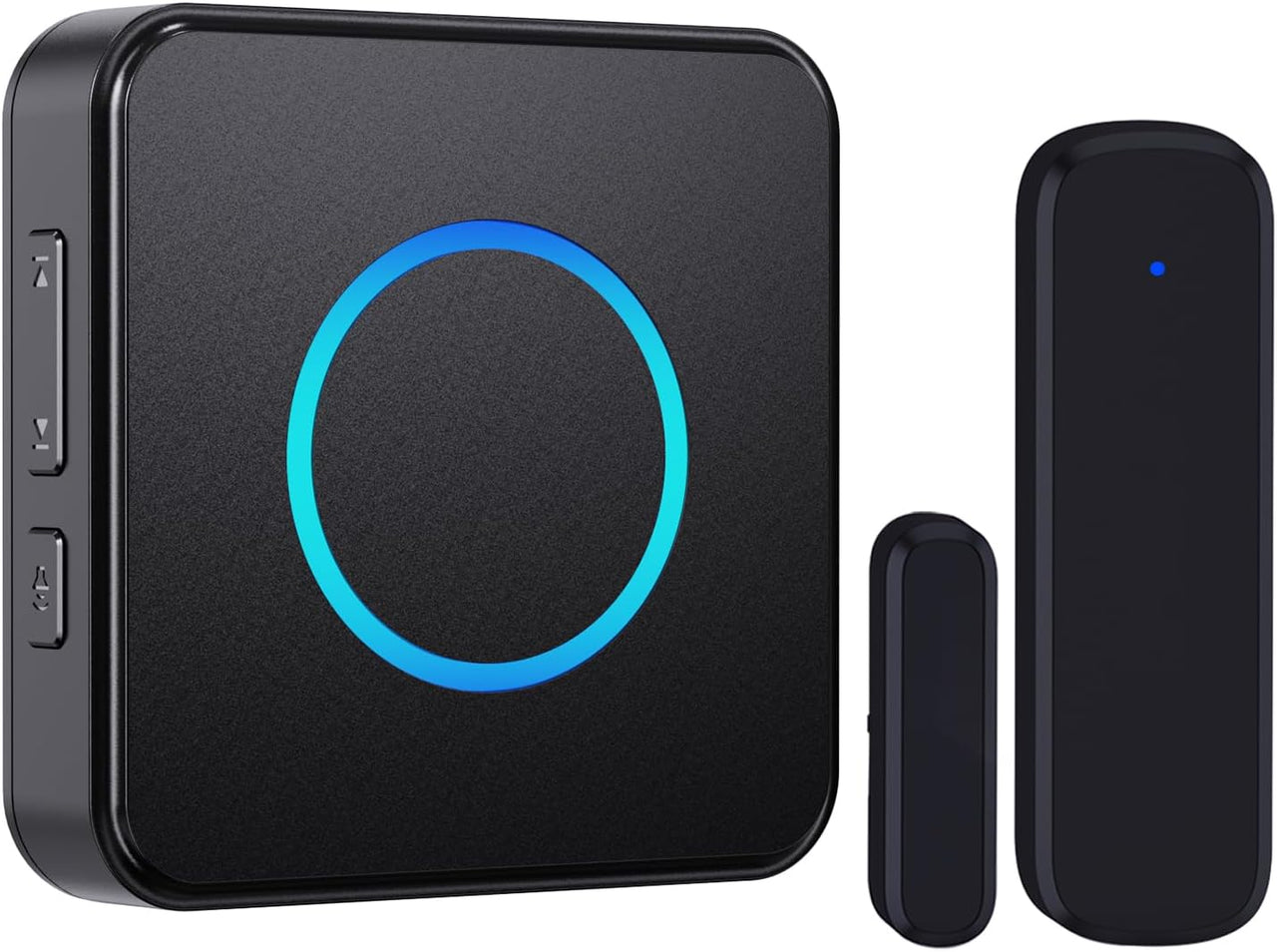 Close-up of the SECRUI wireless door chime system with LED indicator ring.