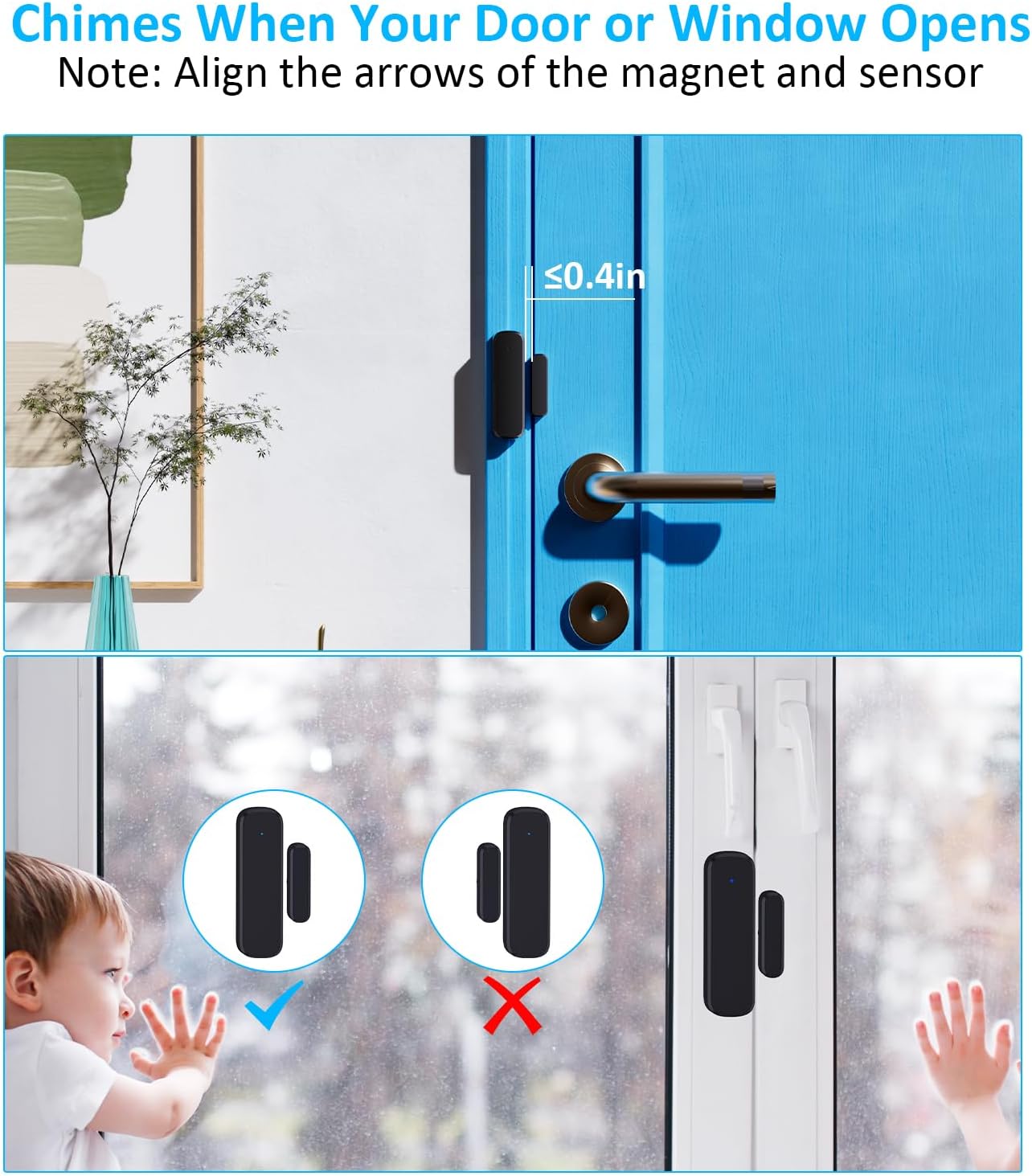 Sensor placement guide for installing SECRUI door/window alarm properly.