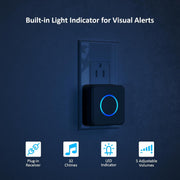SECRUI chime plugged into wall socket with LED alert glowing in the dark.