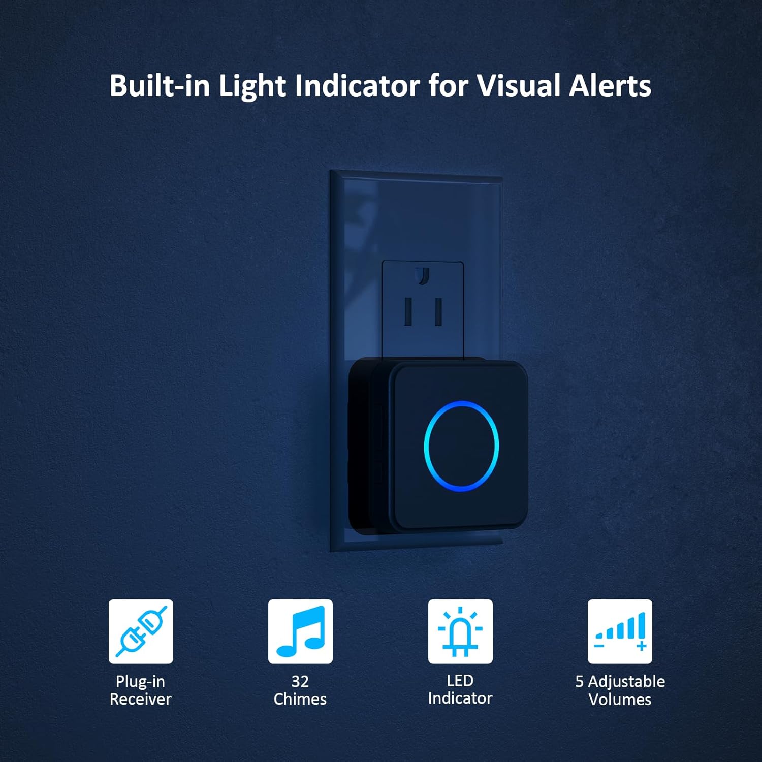 SECRUI chime plugged into wall socket with LED alert glowing in the dark.