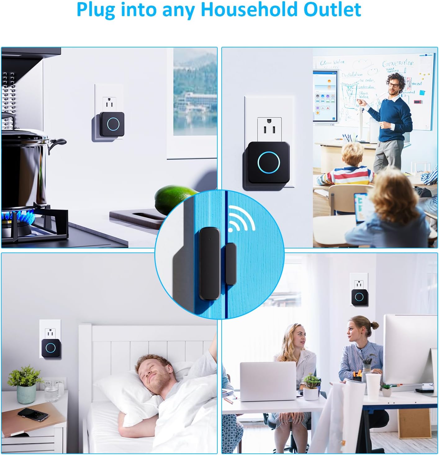 SECRUI door chime used in different settings like kitchen, office, and bedroom.