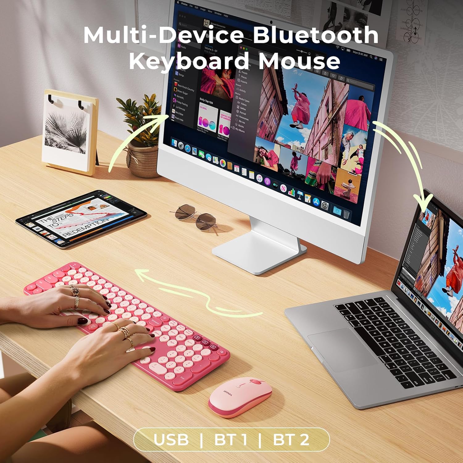 Multi-device setup using Seenda keyboard and mouse with PC, tablet, and laptop