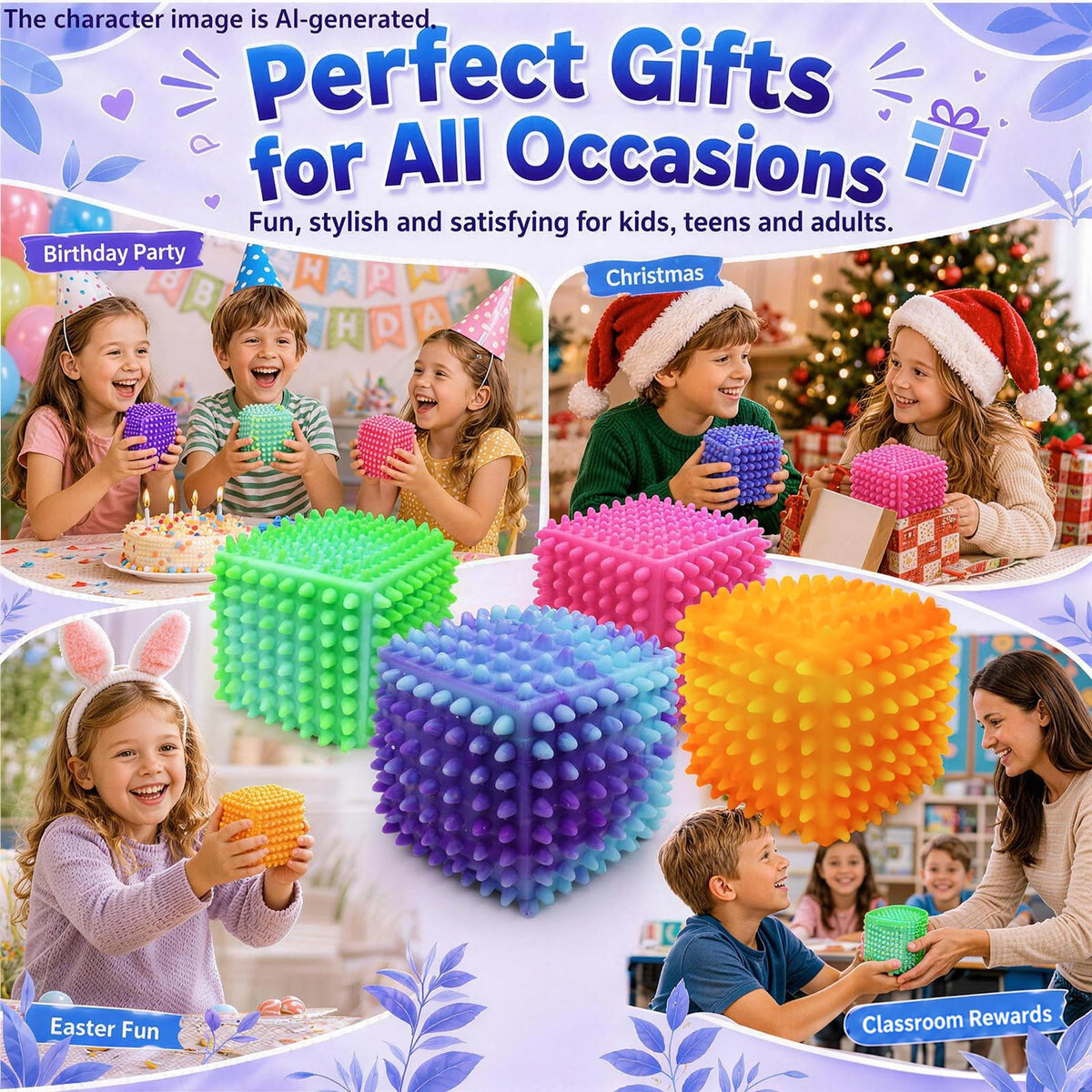 Colorful sensory stress cubes as fun gifts for kids and adults