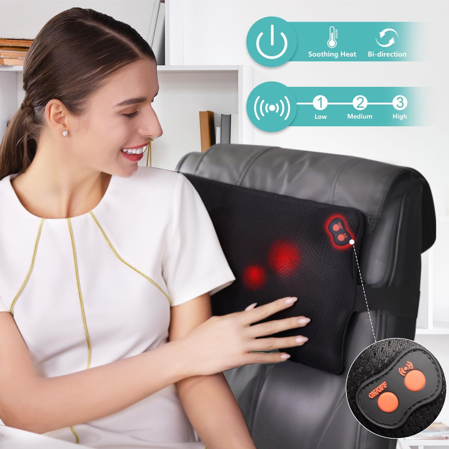 Woman using Shiatsu back massager on office chair with control buttons