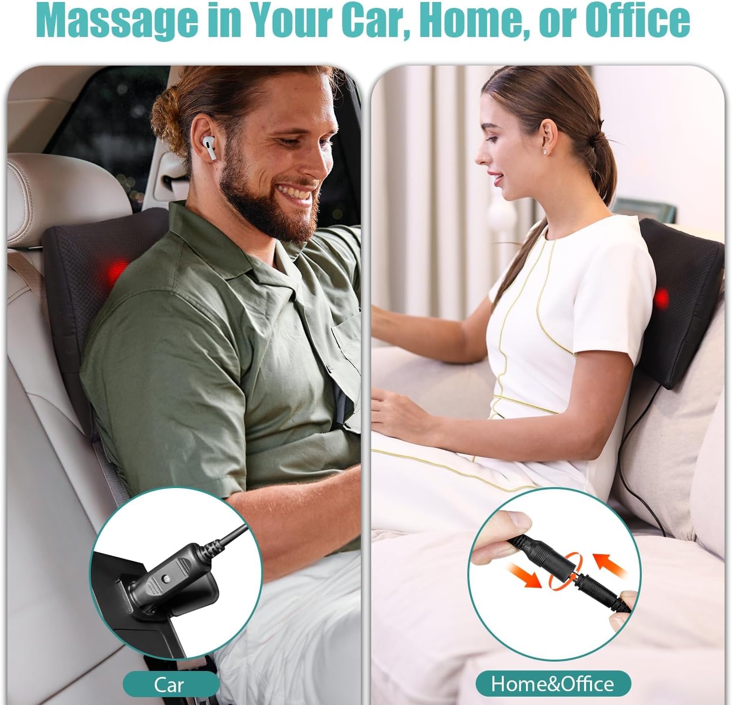Man and woman using massager at home and in the car