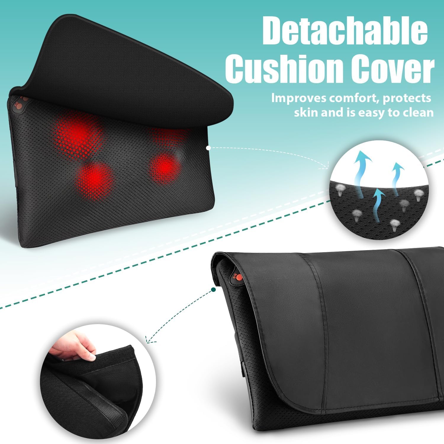 Massager with detachable cushion cover for comfort and easy cleaning