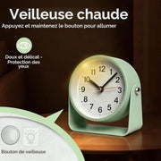 Silent analog alarm clock with press and hold night light and snooze function