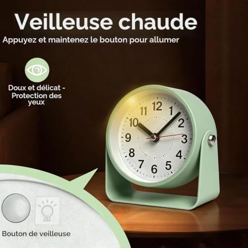 Silent analog alarm clock with press and hold night light and snooze function