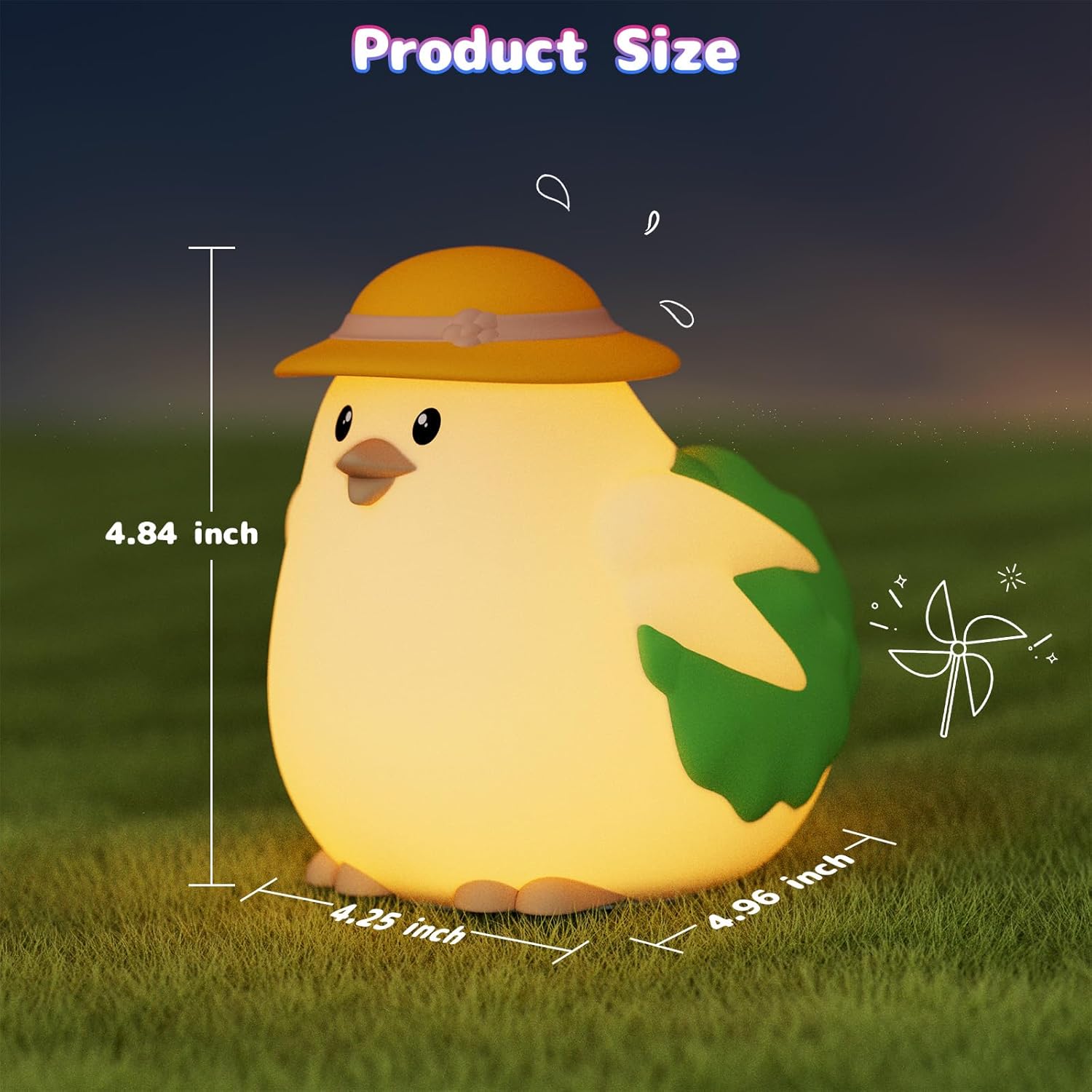 Dimensions of the silicone chicken night light shown in inches.