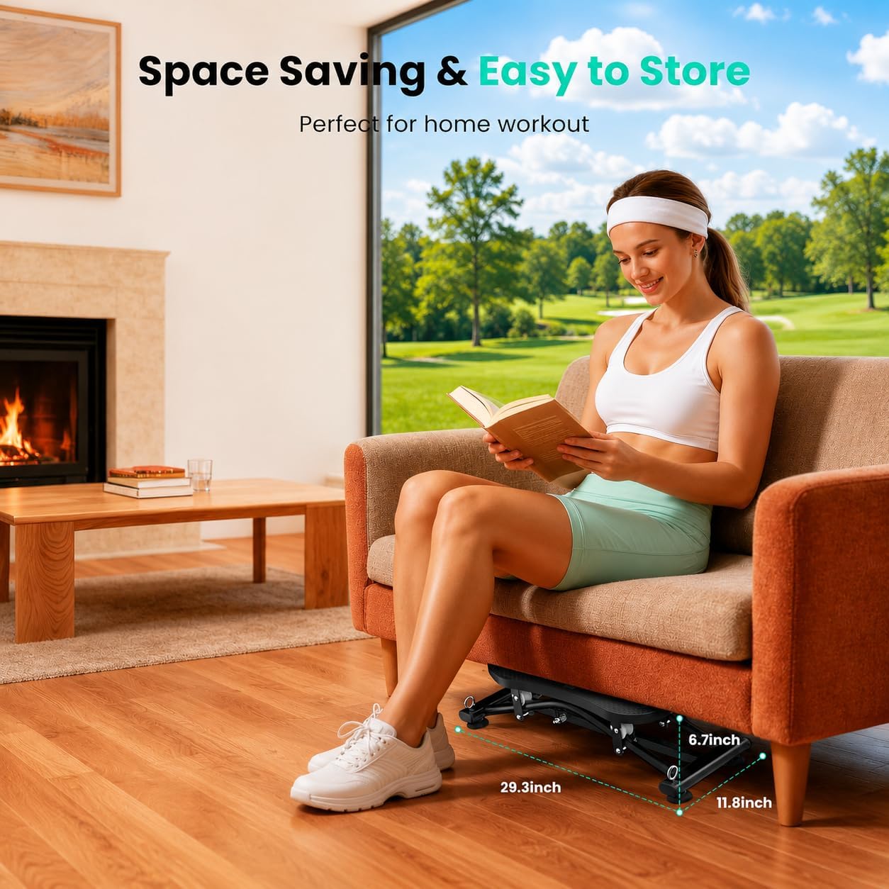 Compact ski simulator stored easily under a sofa