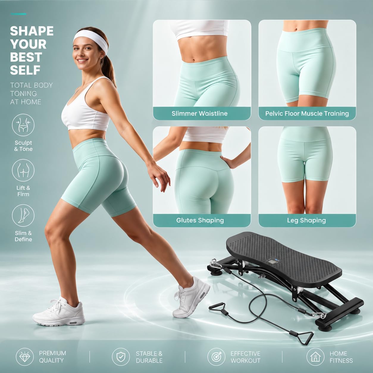 Woman demonstrating body toning benefits of ski simulator balance board