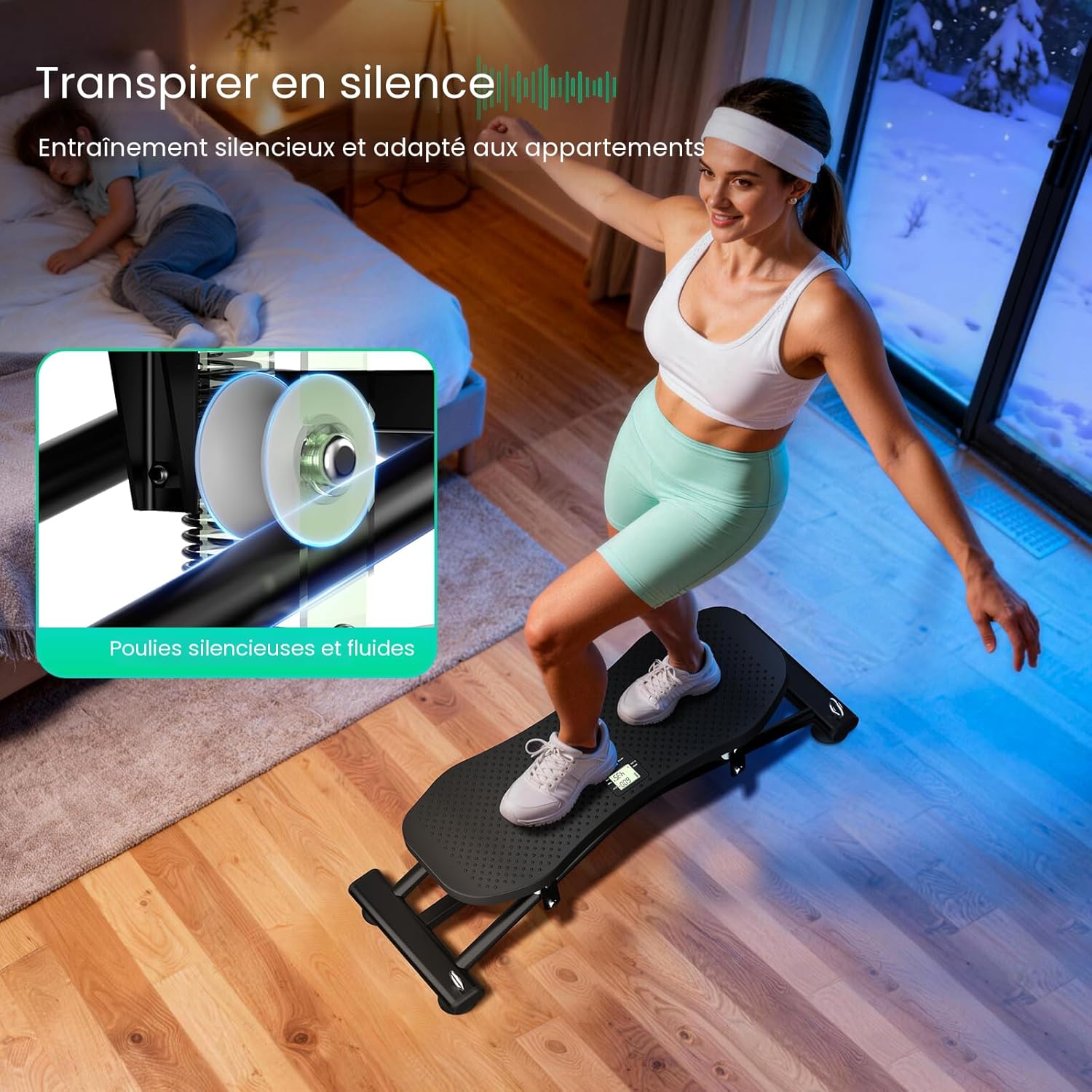 Quiet pulley system for apartment-friendly ski simulator workouts