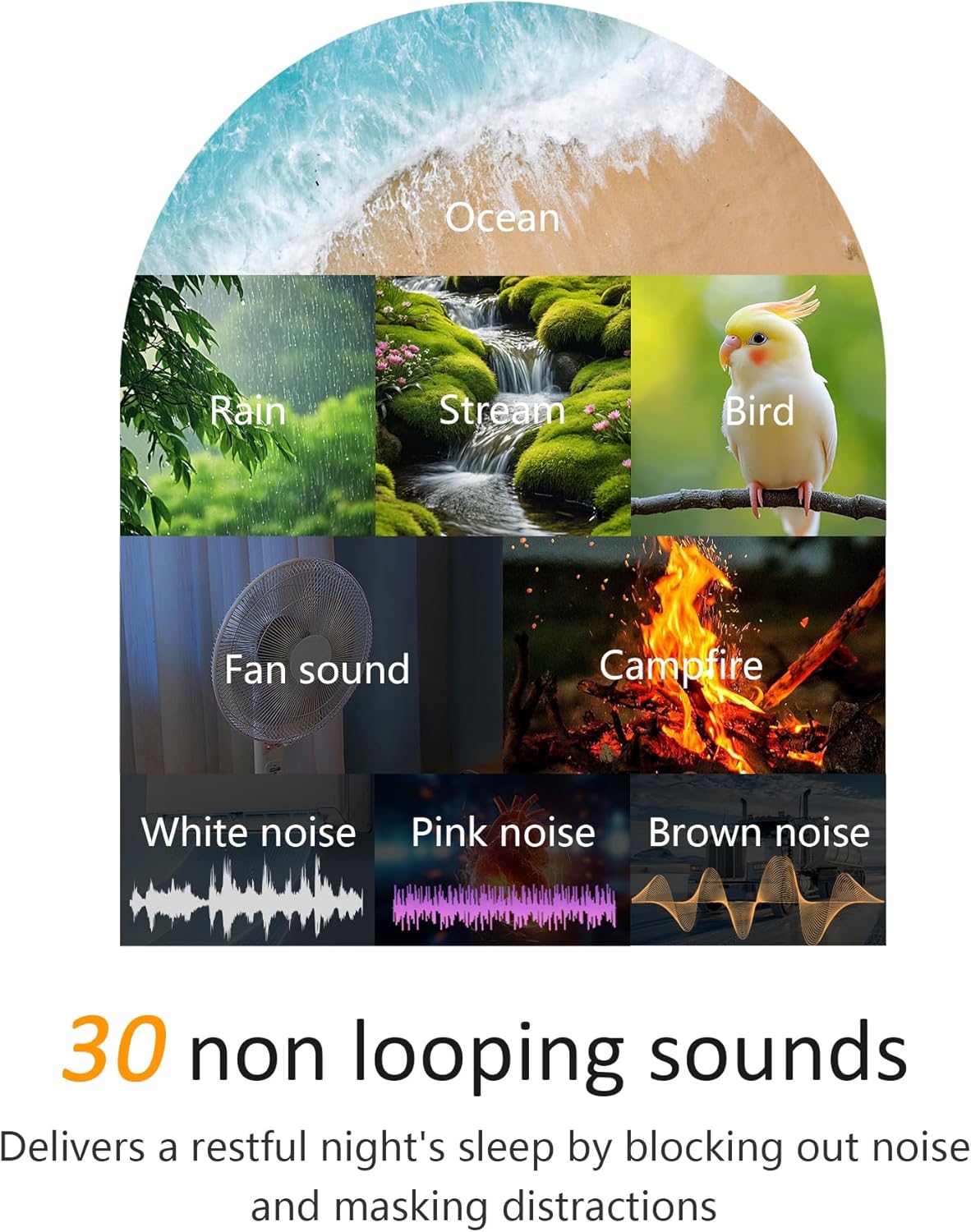Selection of 30 nature-inspired sleep sounds like rain and ocean.