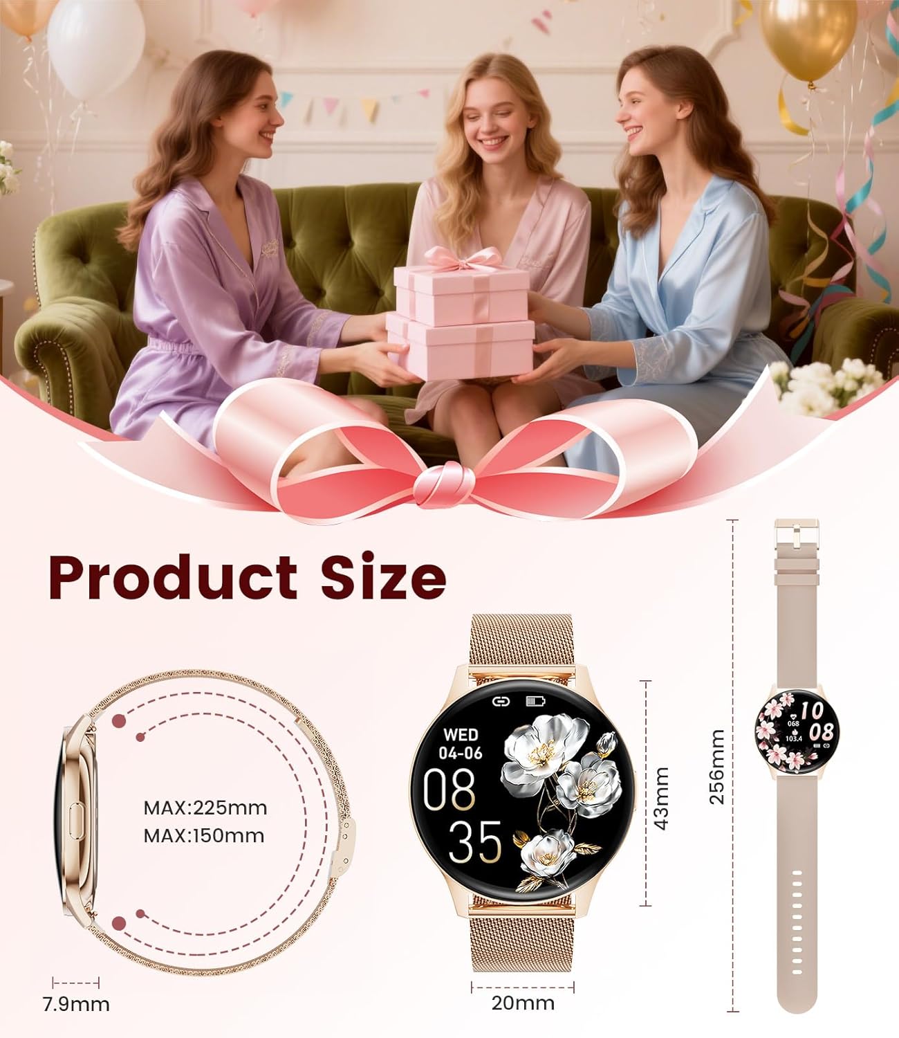 Rose gold women’s smartwatch size chart and gift idea presentation