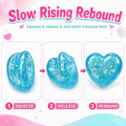 Blue heart fidget toy showing slow squeeze release and rebound