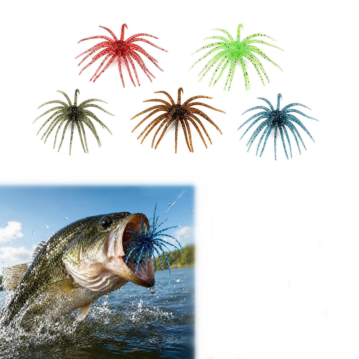 5 piece slow-sinking sea urchin soft fishing lures in assorted colors
