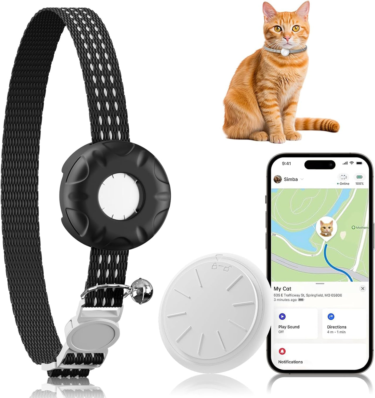 Smart GPS cat tracker collar compatible with Apple Find My real-time tracking