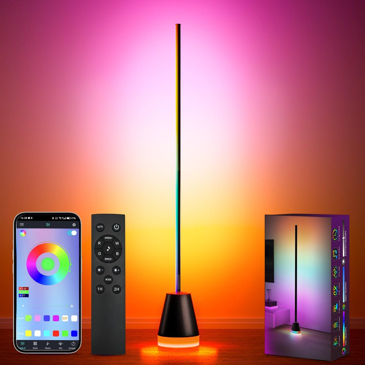 Smart RGB LED corner lamp with app and remote control displaying vibrant lighting effects