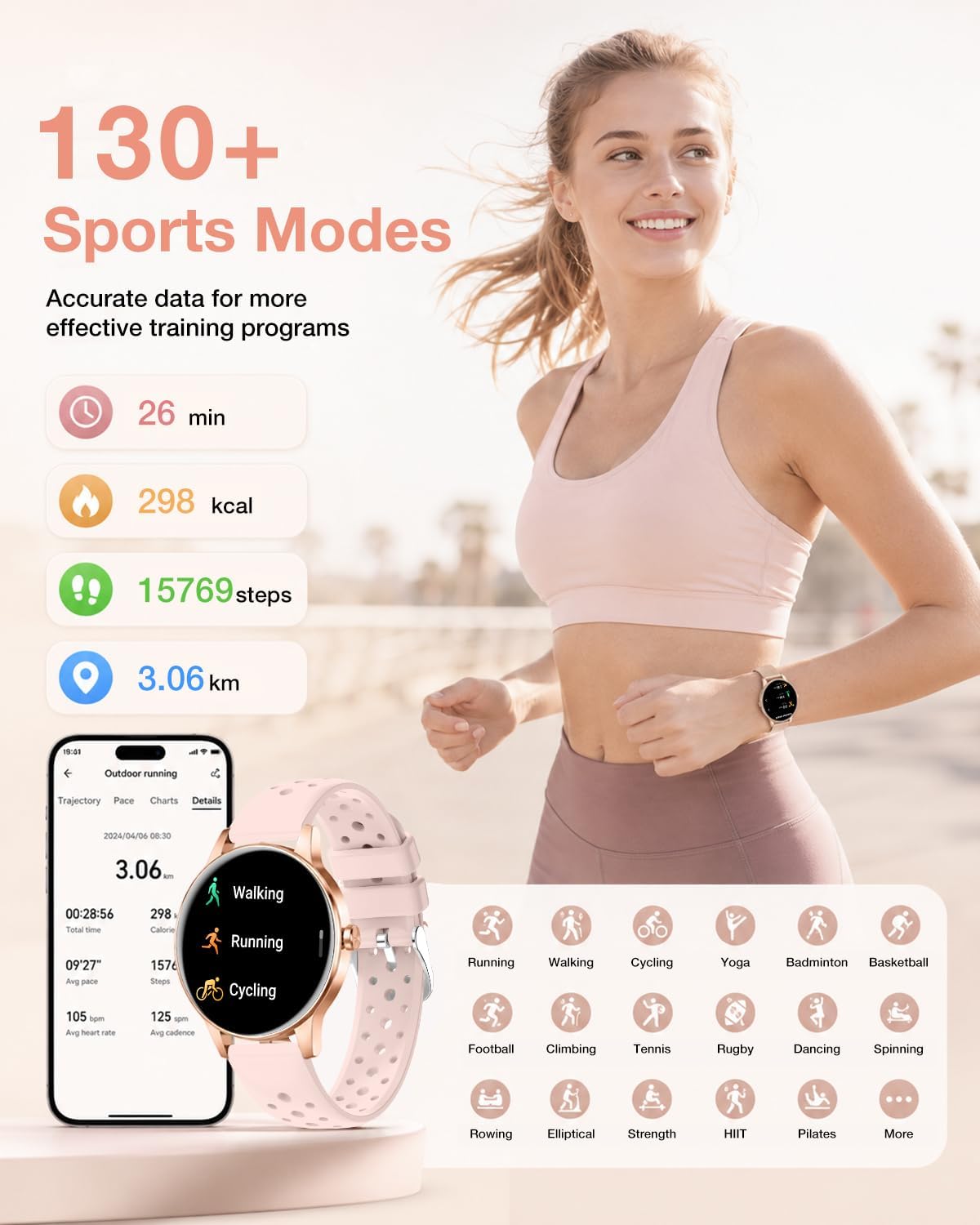 Women's fitness smartwatch with 130+ sports modes, step tracking and workout monitoring