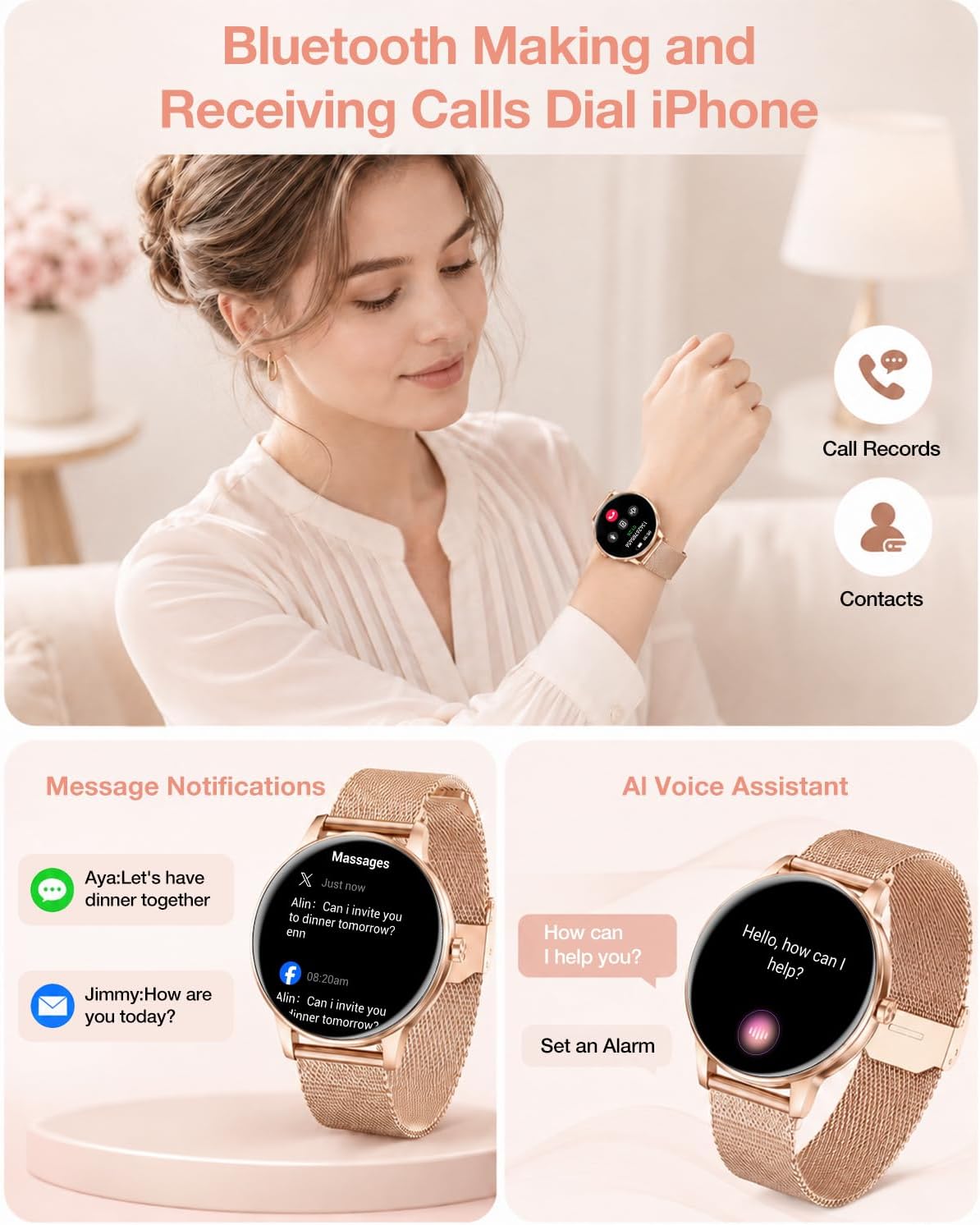Smartwatch for women with Bluetooth calling, message notifications and AI voice assistant