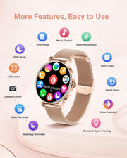 Women's smartwatch with music control, voice assistant, camera control, alarms and smart daily features