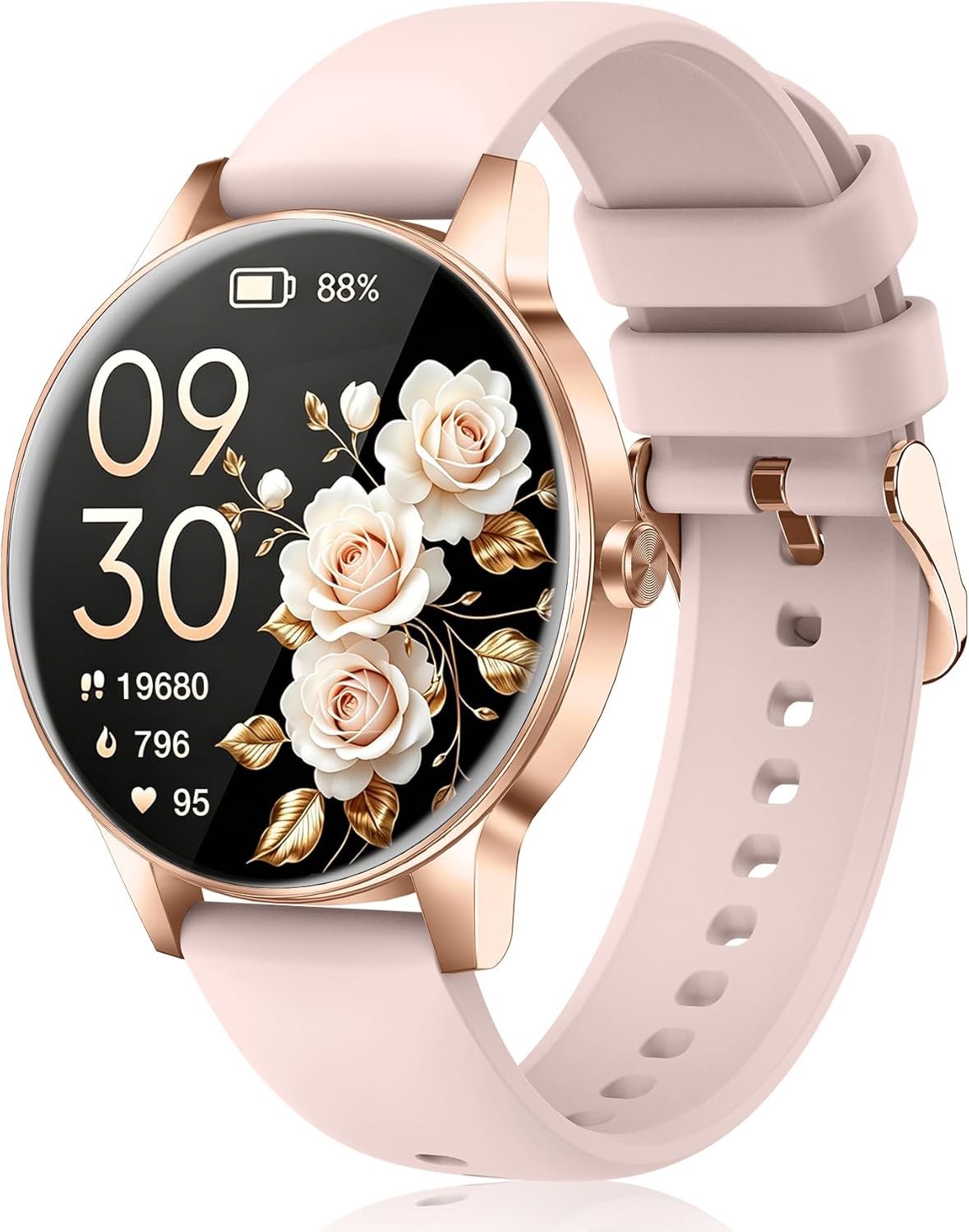 Smart watch for women with 1.27-inch HD display, rose gold case and pink silicone band featuring elegant floral watch face