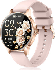 Smart watch for women with 1.27-inch HD display, rose gold case and pink silicone band featuring elegant floral watch face