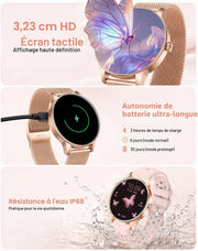 Women's smartwatch showcasing HD touchscreen, long battery life and IP68 waterproof protection